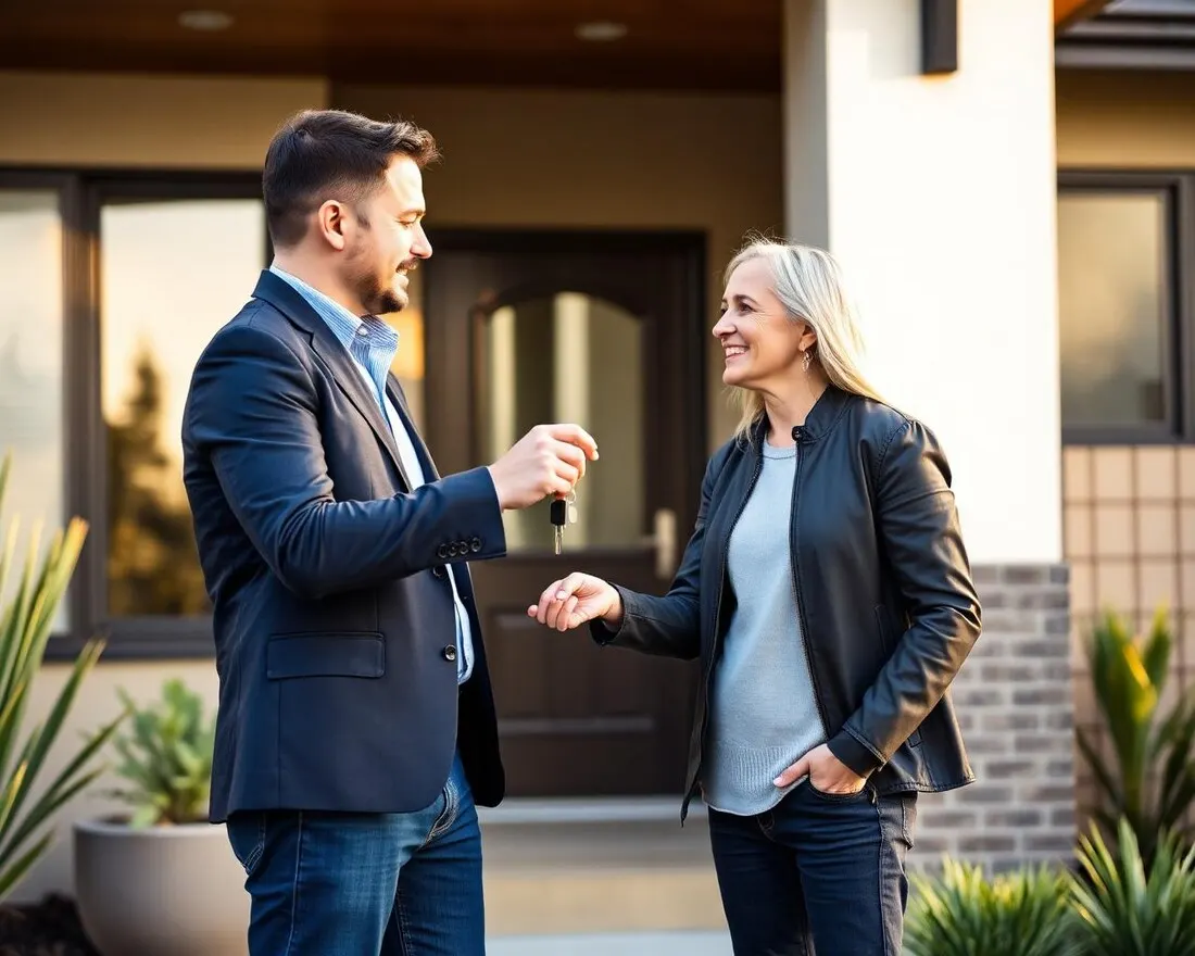Property manager handing keys to a tenant outside a modern home
