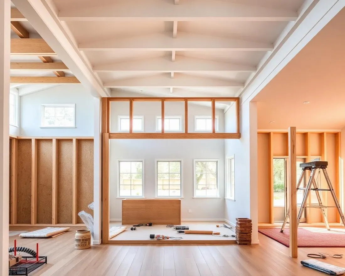 Bright Australian home renovation interior with exposed framing