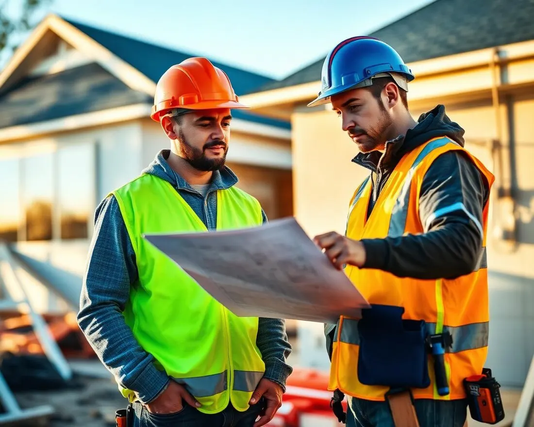 Builder and electrician reviewing plans on a residential site